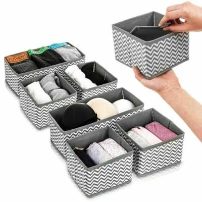 Image of ARA CHOICE Fabric Drawer Organizer 6 Pcs Storage Canvas Boxes Foldable Wardrobe Box for Socks Ties Underwear &amp; Accessories Sturdy Design with Compartments Caddy Organizers