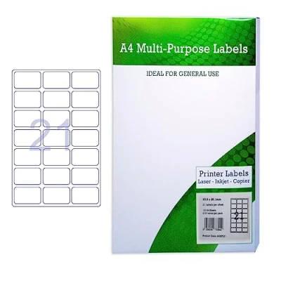 Image of A4 Multipurpose Labels 21 Per Sheet 63.5 x 38mm (White) Pk of 100