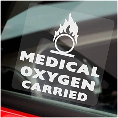 Image of 1 x Sticker Medical Oxygen Carried WINDOW Sign Car Van Bus Cab Taxi Minicab Ambulance Self Adhesive Label Health and Safety WHITE on CLEAR 100mm