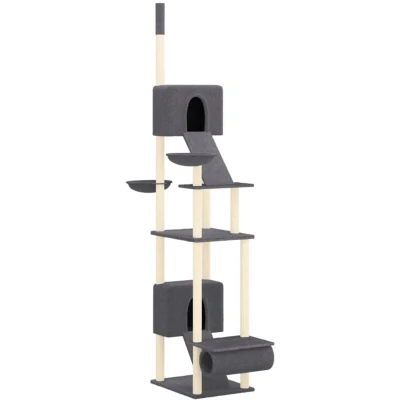 Image of vidaXL Adjustable Floor to Ceiling Cat Tree Dark Grey Multi level Tower with Houses, Hammocks, Ladders and Sisal Scratch Posts
