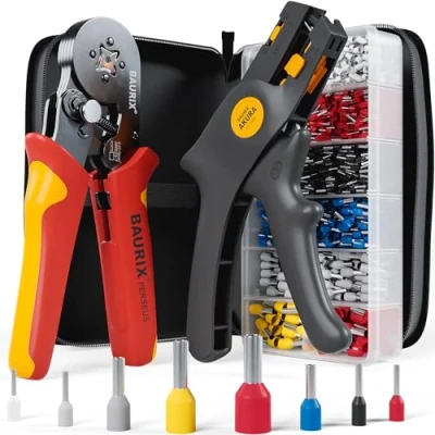 Image of BAURIX® Crimping Pliers Set with 1800 Ferrules and Wire Stripper, Self Adjusting for 0.25 10 mm², Pliers, Tool, Model: Perseus (4 edged)