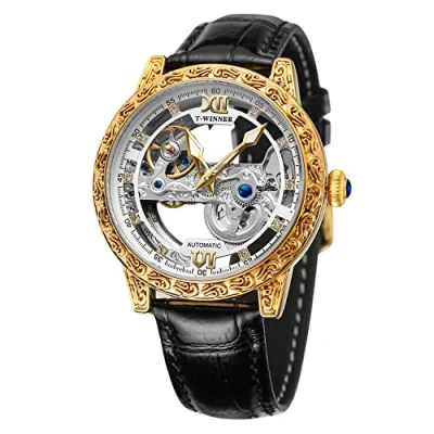 Image of FORSINING Men&#039;s Tourbillon Mechanical Luxury Floral Pattern Engrave Waterproof Skeleton Wrist Watch, Transparent