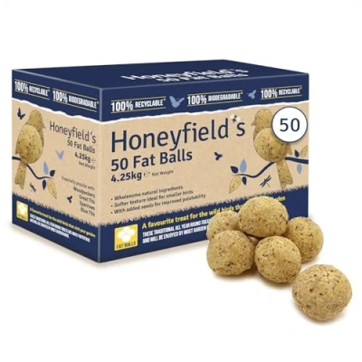 Image of Fat Balls for Wild Birds (50) High Energy Suet Feed, Nutritious, Great Hanging Feeders, Attracts to Garden All Year Round Honeyfield&#039;s
