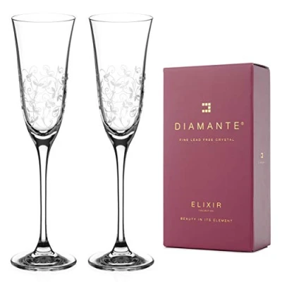 Image of DIAMANTE Champagne Flutes Crystal Prosecco Glasses ‘Floral’ Collection Hand Etched Set of 2