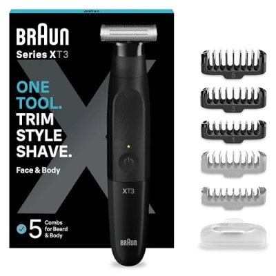 Image of Braun Series XT3 One Blade Hybrid Beard &amp; Stubble Trimmer, Electric Shaver for Men, Body Groomer Manscaping, Gifts XT3200, Black Razor