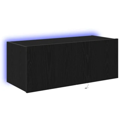 Image of vidaXL TV Wall Cabinet/Entertainment Center Black Oak Floating Shelf/Matte Finish Engineered Wood Rectangular Design Built in LED Lighting, 80x35x31cm