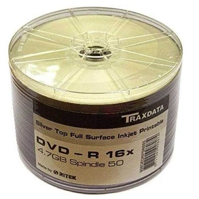 Image of 100 Genuine Traxdata Ritek Silver Hub Inkjet Printable DVD R 16x 4.7GB 120 mins in Shrinkwrap (2 x 50 packs)