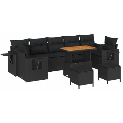 Image of vidaXL 10 Piece Garden Sofa Set with Cushions Black Poly Rattan Acacia
