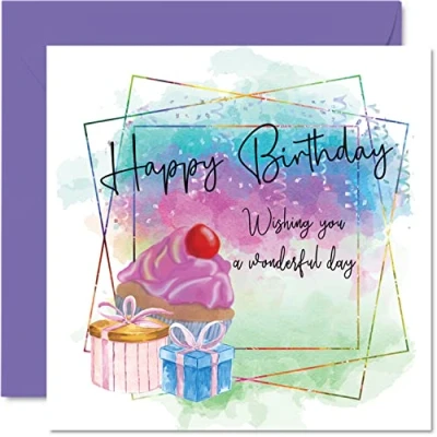 Image of Fun Birthday Cards for Women Men Watercolour Cake &amp; Presents Happy Card Mum Dad Sister Brother Daughter Son Nan Grandad, 145mm x 18th 21st 30th 40th Bday Greeting