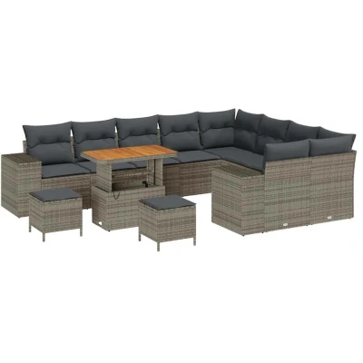 Image of vidaXL 12 Piece Garden Sofa Set with Cushions Grey Poly Rattan Acacia