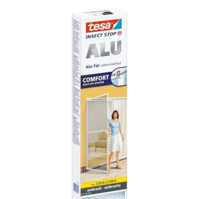 Image of tesa UK Insect Stop ALU Comfort Fly Screen for Doors with Aluminium Frame and Clear View Door in Anthracite, 120 cm x 240 (55197 00003 00)