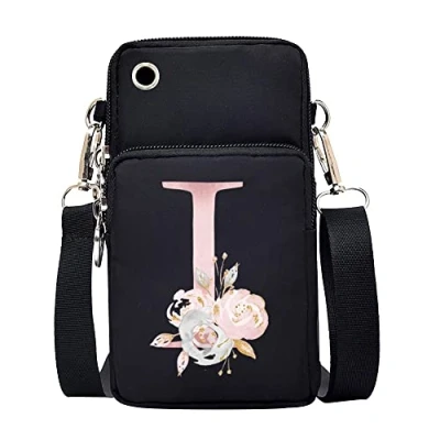 Image of FINDING CASE initial letter Printed Women Girls men Zipper Waterproof Nylon 3 Layers Crossbody Bags Wallet Cellphone Purse Shoulder Bag Wristlet Handbags Adjustable Strap (Pink Flower I)