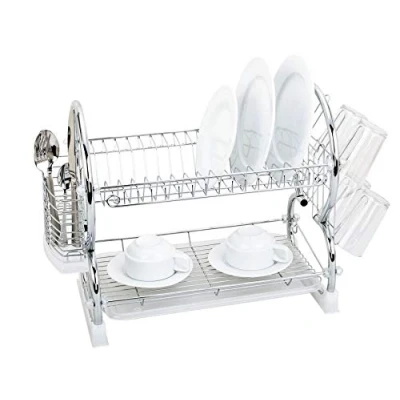 Image of New 2 Tier Chrome Plate Dish Cutlery Cup Drainer Rack DRIP Tray Plates Holder (Chrome)