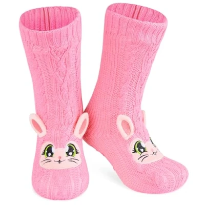 Image of CityComfort Fluffy Socks for Women Teenagers Sherpa Lined Animal Slipper with Non Slip Grip Pads One Size Gifts (Pink Bunny)