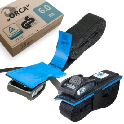Image of valonic ORCA tie down straps, heavy duty 800 kg, 2 pack, padded, cam buckle, 6m for roof rack, surfboard, kayak and paddle board, black
