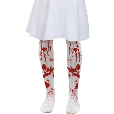 Image of Girls Bloodstained Tights. White Tights With Red Stain Print For Halloween Fancy Dress Costumes Kids (Standard 4 8 Years)