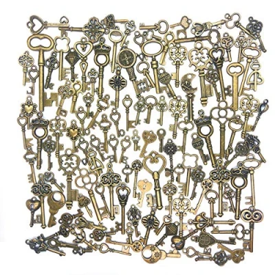Image of 125Pcs Antique Vintage Bronze Key Skeleton Heart Bow Steampunk Pendant Set Gifts