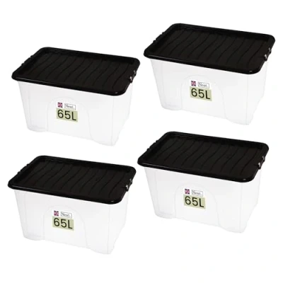 Image of Neat. Plastics 65L Heavy Duty Storage Box, Clear Base, Black Lid Organise Easily with Plastic Box Lid, Ideal Boxes for Storage, Durable Lids Pack of 4