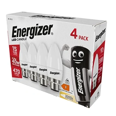 Image of Energizer Candle 4.5W 40W Replacement LED Bulb 4 Pack (Warm White, B22), ENGS14331 [Energy Class F]