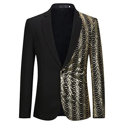 Image of PYJTRL Men Green Blue Gold Leaves Pattern Sequins Blazer (Black, L)