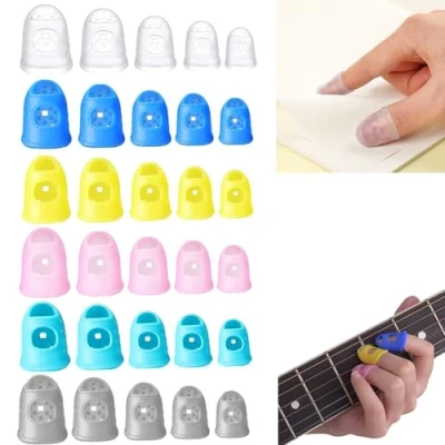 Image of RXKFIGX 30 Pcs Anti Slip Fingertip Protection Covers Caps Silicone Guitar Protectors 5 Sizes Finger Tips for Paper Sorting Sewing and Ukulele Playing