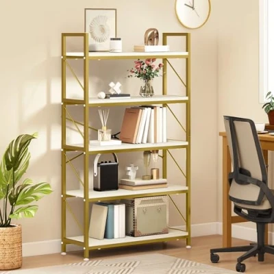 Image of YITAHOME Bookcase 5 Tiers, Industrial Book Shelf Large Floorstanding case Wooden and Metal Frame Shelving Unit Display Storage Rack for Living Room, Home Office, Gold Bookshelf
