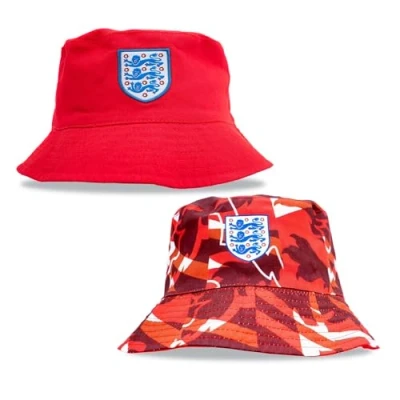 Image of Hy Pro Officially Licensed England FA Bucket Hat Reversible, Red, Classic Style, Double Sided with Solid or Print, Three Lions Crest, Festival, Holiday, Sun Hat, Unisex, Adult