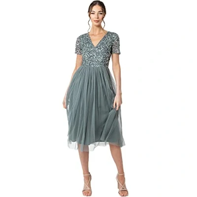Image of Maya Deluxe Women&#039;s Embellished Midi Evening Dress Ladies V Neckline with Short Sleeve for Prom Wedding Bridesmaid, Misty Green, 24