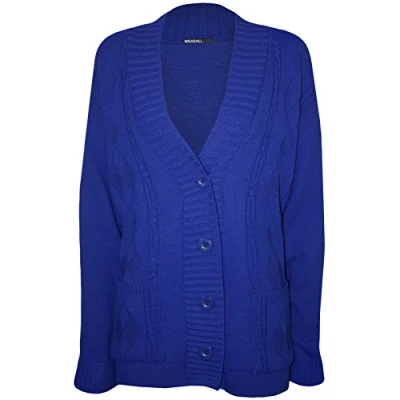 Image of WearAll Plus Size Womens Button Long Sleeve Pocket Top Ladies Knitted Cardigan Royal Blue 12 14
