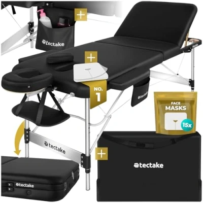 Image of tectake® 3 Zone Massage Table with Sturdy Aluminium Frame, Foldable Bed Thick Foam Padding, Oil &amp; Water Resistant Cover, Adjustable Spa Beauty Bed, Incl. Carry Bag Face Masks Black
