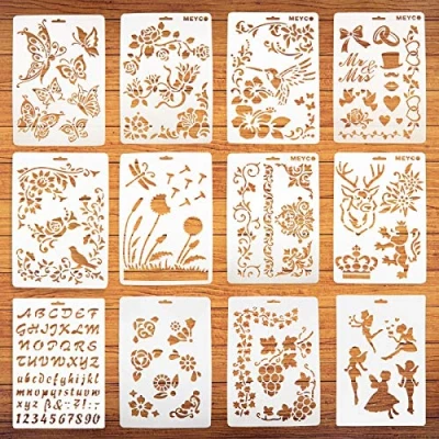 Image of 12pcs Drawing Painting Art Stencil Templates Stencils on Wood and Walls, Reusable Plastic