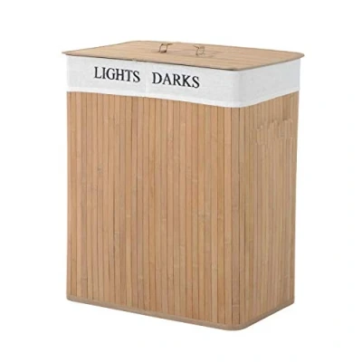 Image of Bamboo Laundry basket 100L Collapsible with 2 Compartments Hamper Removable Lining Large Bins Lid Storage (Natural)