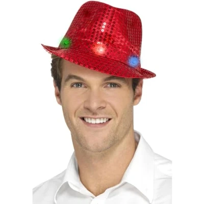 Image of Smiffys Light Up Sequin Trilby Hat, Red with Multi Function LED Lights, Party &amp; Carnival Fancy Dress, Dress Hats