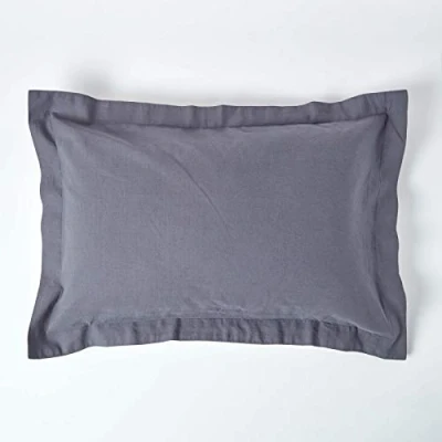 Image of HOMESCAPES Luxury Soft Linen Oxford Pillowcase Plain Dark Grey Textured Natural French Flax Fibre &amp; Pure 100% Cotton Blend Charcoal Standard Style