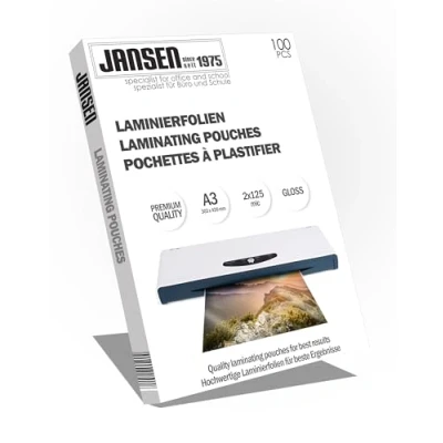 Image of Jansen Pack of 100 A3 Laminating Pouches 2 x 125 Micron (250 Microns) High Gloss Packaging May Vary