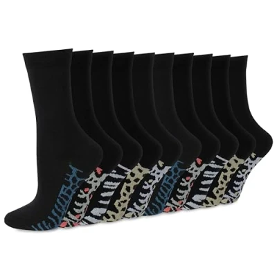 Image of Socksmad 10 Pairs Multipack Womens/Ladies Black Cotton Socks with Heart &amp; Pink Bows Color Motif Size 4 7 (Animal)