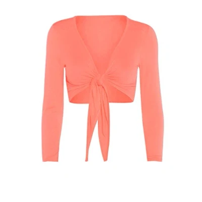 Image of Fashion Valley Womens Tie Knot Shrug Short Ladies Crop Cardigan Wrap Bolero Top Plus Size 8 22 UK M/L 12 14 Coral