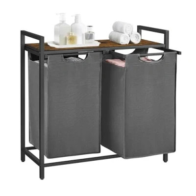 Image of VASAGLE Laundry Basket, 2 Compartment Hamper, Pull Out and Removable Bags, Sorter, Shelf, Metal Frame, x 46L, 73 33 72 cm, Rustic Brown Grey BLH201G01