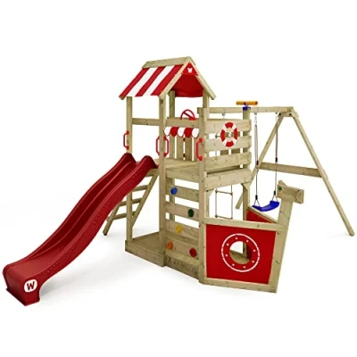 Image of Wickey Wooden climbing frame SeaFlyer with swing set and slide, Playhouse on stilts for kids sandpit, ladder &amp; play accessories red