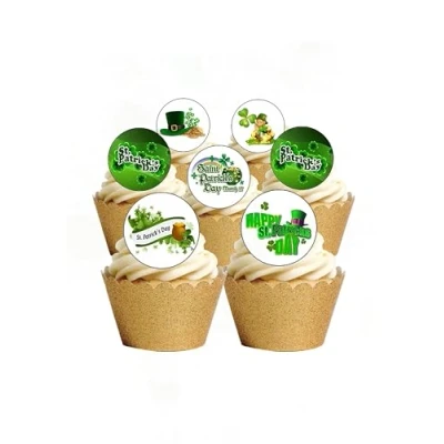 Image of 24 Precut St Patricks Day Irish Celebration Edible Wafer Paper Cake Toppers Decorations