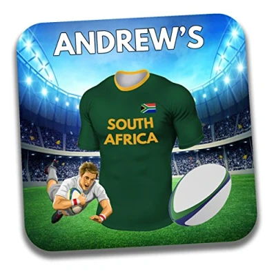 Image of AK Giftshop Personalised Gift South Africa Rugby Shirt Themed Drinks Coaster/Beer Mat Birthday Present Stocking Filler