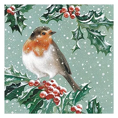 Image of The Art File. Robin in Holly Branches, Boxed Christmas Cards, Embossed and Gold Foiled, 8 Cards Envelopes