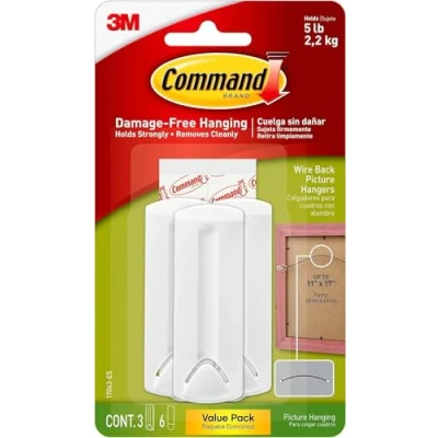Image of Command Wire backed Picture Hanger, Value Pack 3 Hangers and 6 Adhesive Strips, White Damage Free Hanging For Frames Holds up to 2.2 kg (Packaging may vary)