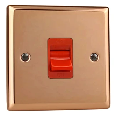 Image of Varilight 45A Cooker Switch (Single Plate, Red Rocker) Polished Copper