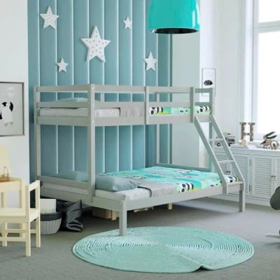 Image of Vida Designs Sydney Triple Bunk Bed, Three Sleeper, Solid Pine Wood Frame, Kids Children, Double 4 Foot 6, Single 3 Foot, Grey