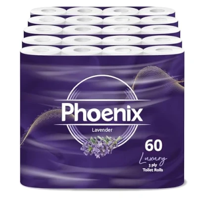 Image of 60 Phoenix Soft Lavender Fragranced Luxury Toilet Rolls Bulk Buy Quilted White 3 Ply Paper Pack of Tissue (12 x 5 Packs)