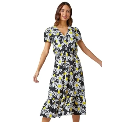 Image of Roman Originals Shirred Waist Dress for Women UK Ladies Midi Maxi Summer Spring Tiered Frill Hem Short Sleeve V Neck Button Through Boho Bohemian Gypsy Holiday Yellow Black White Size 10