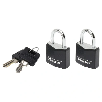 Image of Master Lock 9120EURTBLK Pack of 2 Key Padlocks in Aluminium with Vinyl Cover, Black, x 3.4 1.4 cm