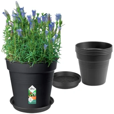 Image of elho Green Basics Grow Pots Set With Saucers 100% Recycled Plastic of 5 Ø 17 x H 15.8 cm Black/Living Black