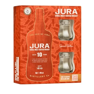 Image of Jura 10 Year Old Single Malt Whisky 2 Glasses Gift Pack 70 cl, Set, Smooth and Fruity Whisky, Iconic Scottish made by a tiny island community, 40% vol